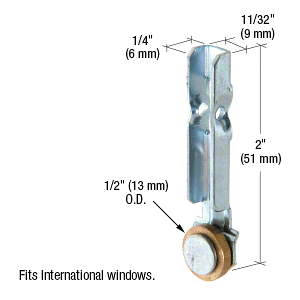 CRL 1/2" Flat Edge Brass Sliding Window Roller With Stamped Steel Bracket for International Windows CRL G3156