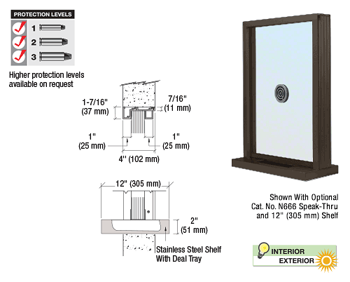 CRL Dark Bronze Aluminum Narrow Inset Frame Exterior Glazed Exchange Window with 12" Shelf and Deal Tray CRL N1EW12DU